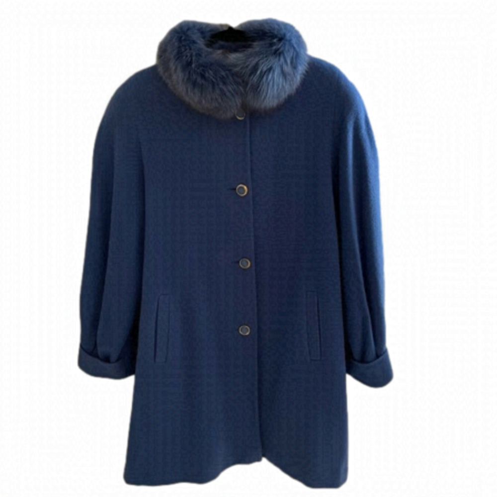 𝅺Emblem Vintage Pleated Faux Fur Wool Blend Cape Style  Pea Coat, Size L